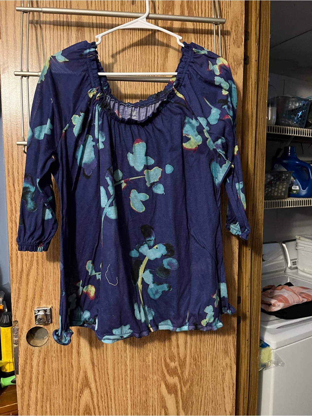 a.n.a Navy Floral Peasant Top with Aqua and Teal Accents